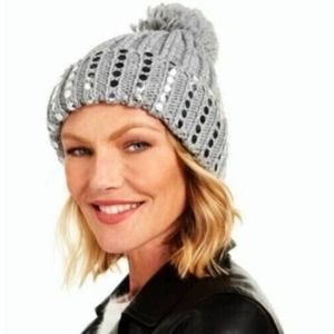 DKNY Grey Flat-Stud Metallic Rib-Knit Beanie, One‎ Size NWT
